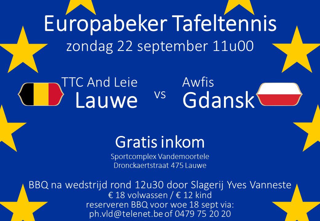 KineKurtKind's tweet photo. Europabeker Tafeltennis @TTCLauwe op zondag 22 september om 11h #gratisinkom https://t.co/kpwOu4BmOT