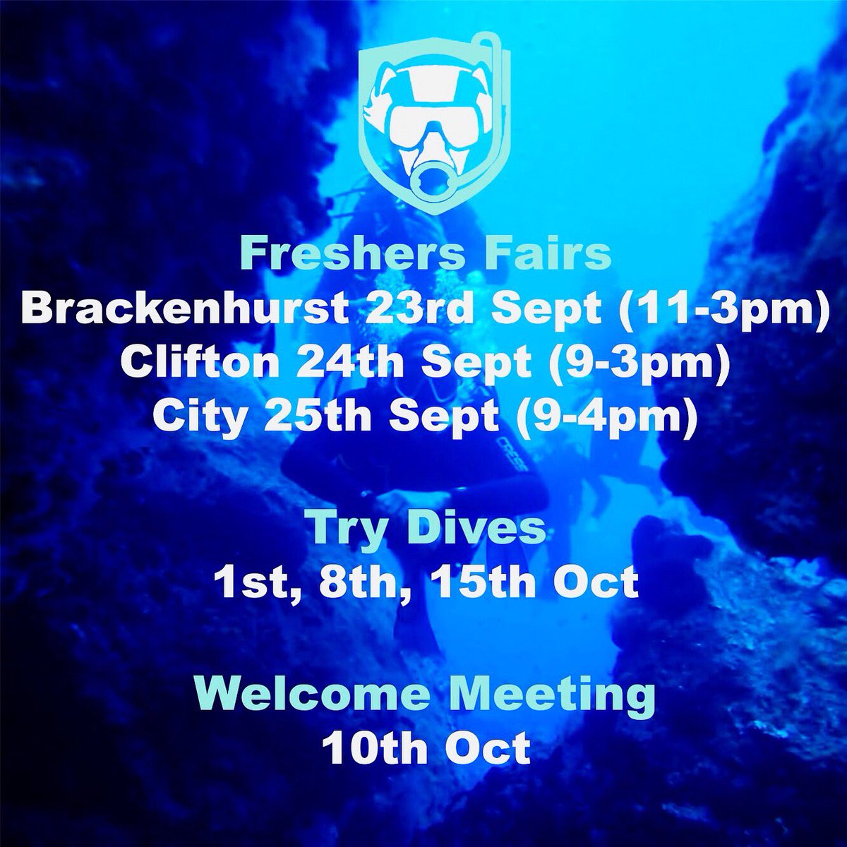 It’s almost freshers week and we can’t wait to meet you all! 
Come have a chat with us at freshers fair, book onto a try dive and join us at our welcome meeting. 
We’ve got an exciting year of training, socials and trips planned so come and find out what sub aqua is all about!!