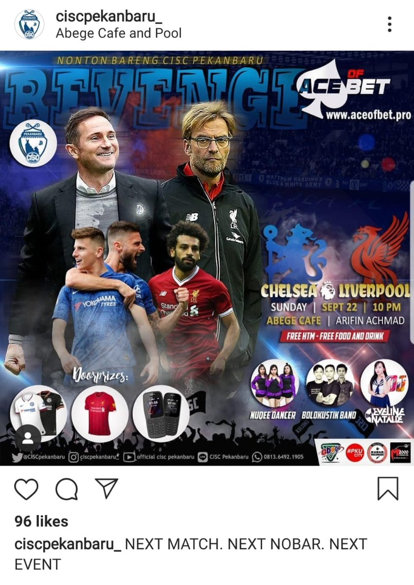 InfosuporterID's tweet image. Kamu Fans chelsea?

Event nobar super sunday CISC Pekanbaru
🔥 Chelsea vs Liverpool 🔥
22 Sept 2019

Nonton &amp;amp; Dukung team favorit kamu bisa bawa pulang banyak Doorprize yang menarik.

Sponsored by : @aceofbet_ 

#CISC
#ThisIsCISC
#Pekanbaru 
#EventPekanbaru 
#CISCpekanbaru
#Pku