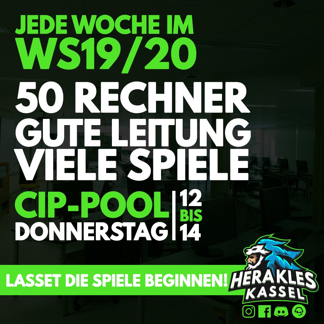 Ab dem kommenden Wintersemester WS19/20 steht uns jeden Donnerstag 12-14 Uhr der CIP-Pool an der Ing-Schule zur Verfügung. Weitere Infos findet ihr auch auf Instagram <a href="/herakleskassel/">Herakles Kassel</a>, schreibt uns! #eSports #Kassel #unikassel #ingschule