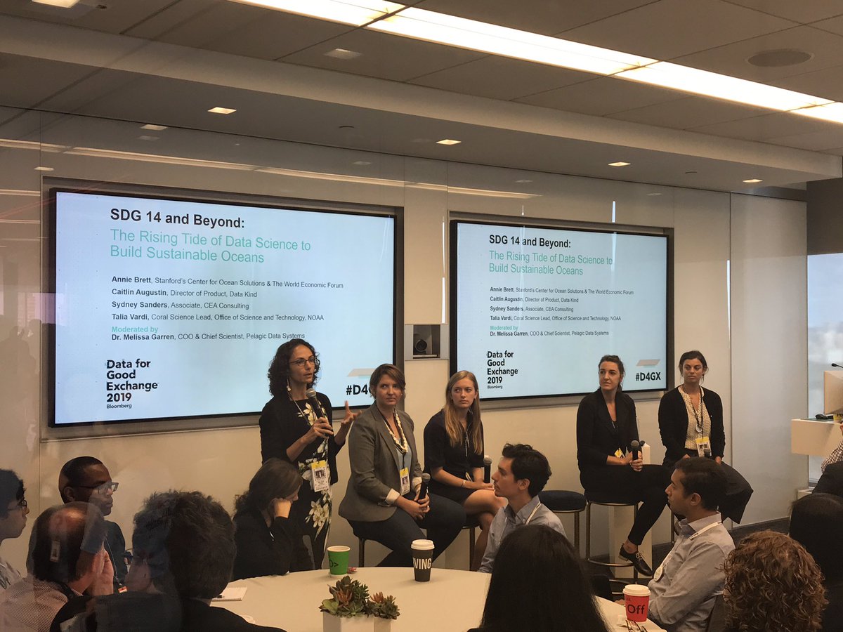 Today’s first ‘Planet’ panel at #D4GX: “#SDG14 and Beyond” moderated by
Melissa Garren <a href="/PelagicData/">Pelagic Data Systems</a> w/ panelists Caitlin Augustin of <a href="/DataKind/">DataKind</a>, @anniethepirate of <a href="/oceansolutions/">Stanford Center for Ocean Solutions</a> / the @WEF, Sydney Sanders of CEA Consulting’s 
<a href="/OurSharedSeas/">Our Shared Seas</a> &amp; Tali Vardi of 
<a href="/NOAA/">NOAA</a>