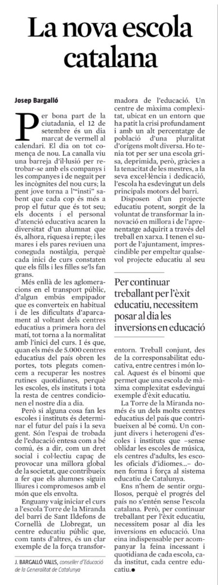JosepMVilalta's tweet photo. La força transformadora de l'educació i la necessitat d'una major i millor inversió pública, article conseller @JosepBargallo @LaVanguardiaCAT @educaciocat @consorciedubcn @FundacioBofill @RosaSensat @FMRPc @evallory @educacio360 @AnnaSimo @Merce_G https://t.co/OoK1wOBLIk