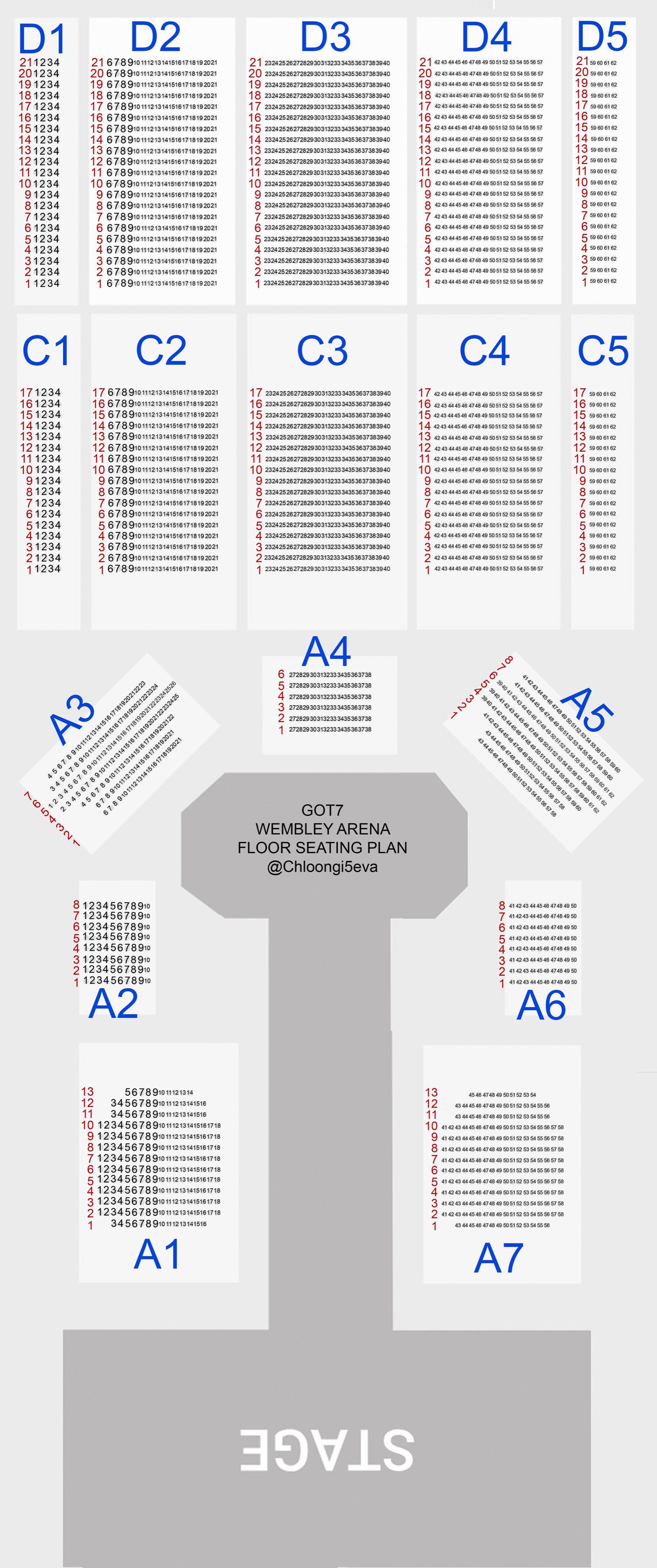 Chloe Got7 Detailed Seating Chart For Wembley Floor Sections Find Your Section In Blue Then Your Row In Red Then Your Seat In Black Note If Your Seat Isn T Here