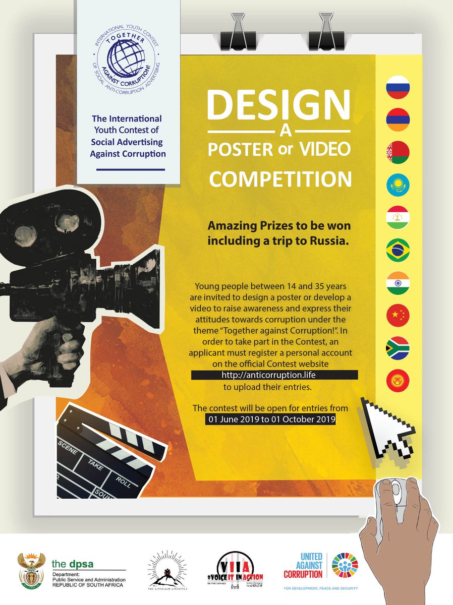 🔔 ATTENTION ALL GRAPHIC DESIGNERS & VIDEOGRAPHERS !!! 

Stand a chance to win amazing prizes including a trip to Russia with  the @IYC_SAAC_DPSA x @LivecalmAfrica 

For more info, visit: anticorruption.life/en

#BRICSWGACC #DPSA #IYCSAAC2019 #Russia #SouthAfrica