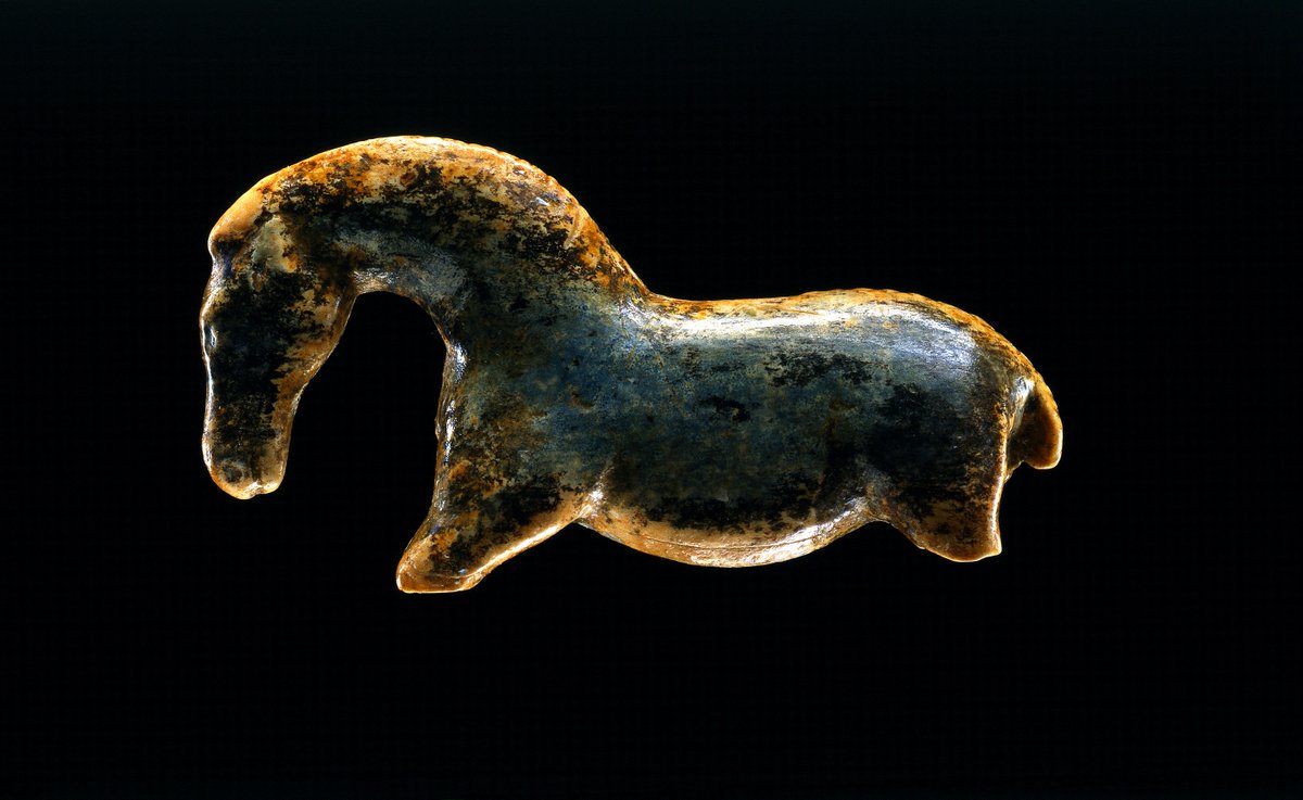 This exquisitely carved Ice Age figurine was found in the Vogelherd Cave, near Stetten, in southwest Germany. Sculpted in mammoth ivory c. 35,000 years ago, it is the oldest known sculpture of a horse. The head is complete and still shows the engraved mouth, nostrils and eyes.