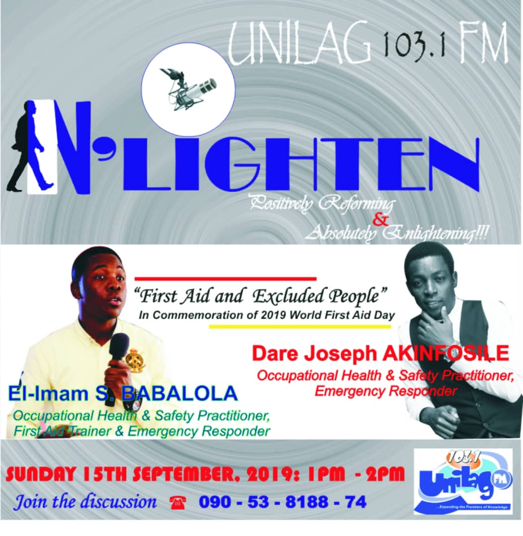 d4humanity's tweet photo. Tune in and join us on @unilagfm_1031  as @Lolaelblack and @d4humanity discuss #FirstAid and the #ExcludedPeople in commemoration of the 2019 #WorldFirstAidDay #UNILAG #Lagos #Nigeria https://t.co/46oehmFwOv