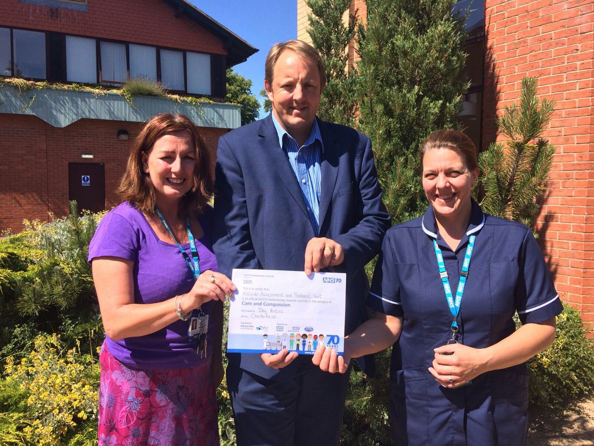 DCHStrust's tweet photo. Chesterfield MP Toby Perkins nominated Hillside Ward, Ash Green Learning Disability Service, for an NHS70 parliamentary award and presented a congratulatory certificate to ward manager Sue Hedley and Mary Holbrook #DCHSCommunityWeek #MemorableMoments https://t.co/s9YRYhoESw