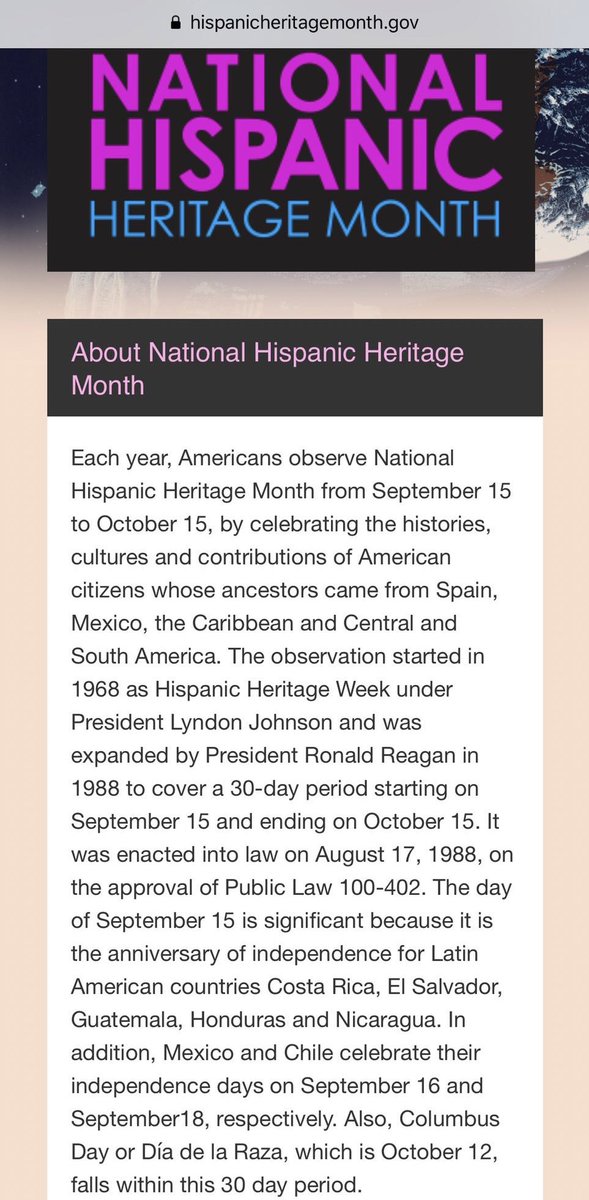 Today is the start of Hispanic Heritage Month.  This month we celebrate &amp; honor the contributions and history of Hispanics/Latinos in the U.S.  Here is a little background info regarding the history of National Hispanic Heritage Month (Sept. 15-Oct. 15). #DiversityandInclusion