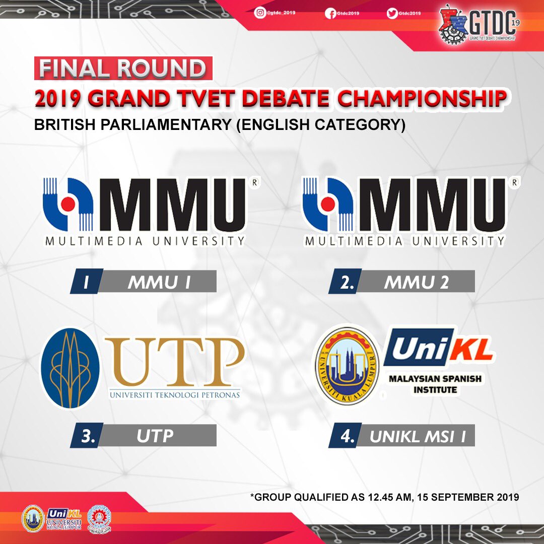 gtdc2019's tweet photo. 🎙⚙🎙GTDC2019⚙🎙⚙

 FINAL ROUND
BRITISH PARLIAMENTARY ENGLISH &amp; MALAY CATEGORY

#GTDC19
#GTDC2019
#GRANDTVETDEBATECHAMPIONSHIP 
#DEBATE https://t.co/2c8Zr3qSOf