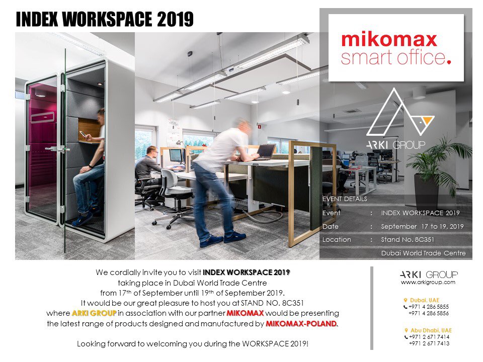 arkigroupdesign's tweet photo. Index Workspace is here again. Arki would mark our presence for Index Workspace 2019 along with Mikomax at stand no. #8C351
When you visit the fair pls do drop by the stand no. 8C351
See you soon...
#Index #IndexWorkspace2019 #ARKI #ARKIGroupDesign #arkiabudhabi #Mikomax https://t.co/oqjrWLaFmE