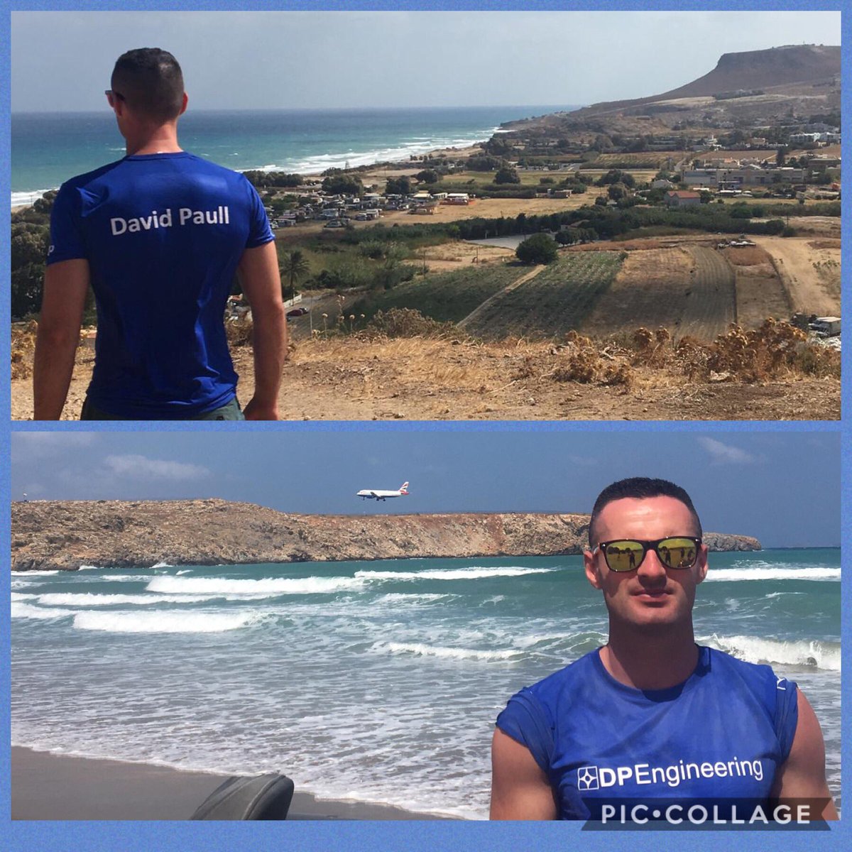 DPEngineering1's tweet photo. Sales Engineer (Phillip Anthony) manages to get a picture in the #Team #DPEngineering T-shirt even when on holiday to #Crete.                       Spot the photobomb of the #Plane landing. ✈️. #Holiday #Aerospace #Sun #Machining #CNC #Turning #Milling https://t.co/TnPn32cZT4