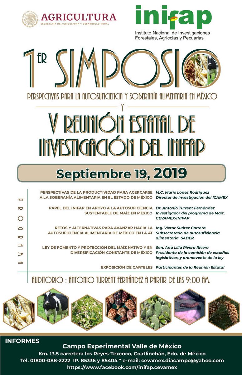 1er #SIMPOSIO
Perspectivas para la autosuficiencia y soberanía alimentaria en #México
y
V Reunión estatal de investigación del <a href="/inifap/">INIFAP</a>

bit.ly/2Al88np