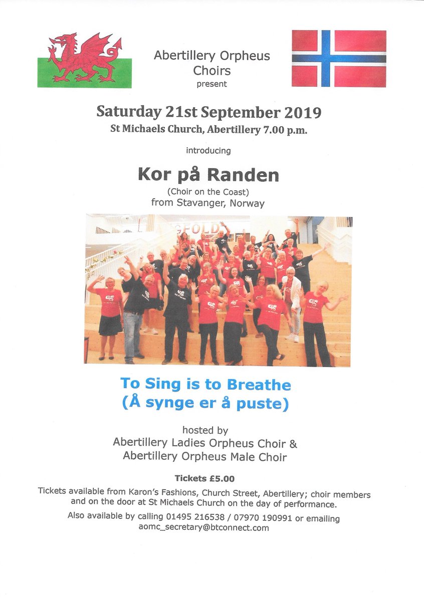 Looking forward to next Saturday's Abertillery Choirs concert where we welcome Kor par Randen from Stavanger, Norway. St Michaels Church, Abertillery 7.00 p.m.