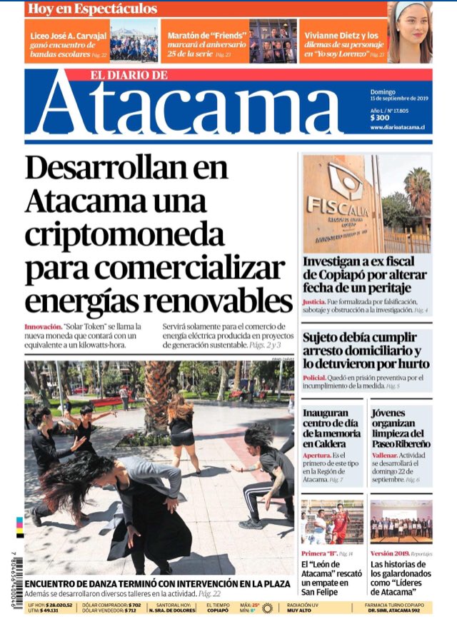 Pedro_MaturanaM's tweet photo. Hoy en @diarioatacama se destaca proyecto #SolarToken emprendimiento apoyado por @CorfoAtacama que creó criptomoneda para comercializar ERNC, patrocinado por @coworkatacama
Tremenda innovación desde #Atacama al mundo 🌎🚀👏 https://t.co/ejmY0gjgdI