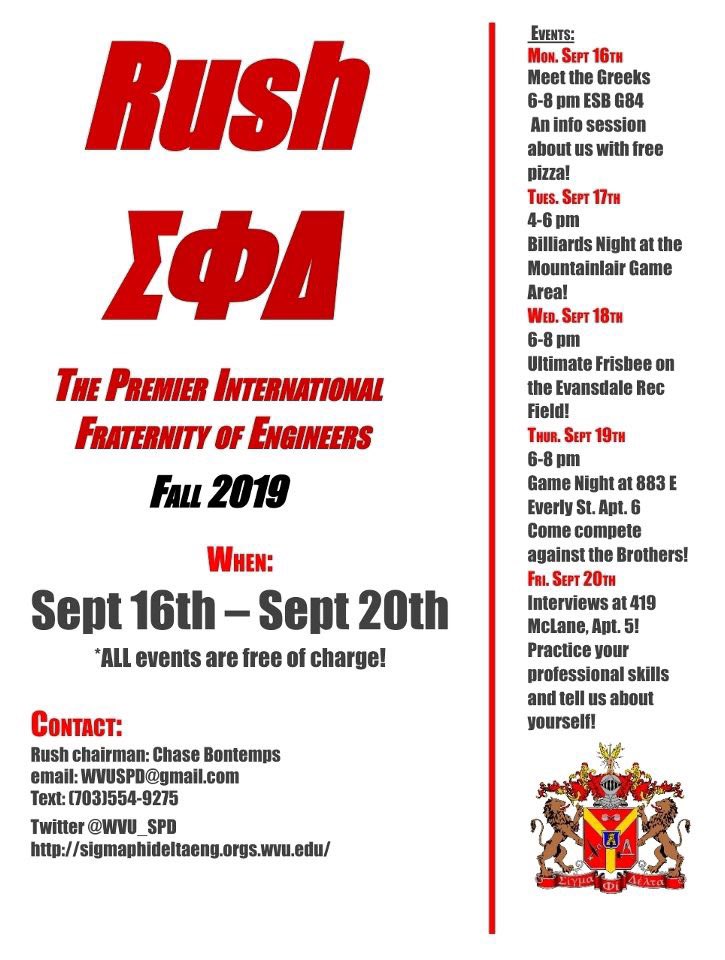 WVU_SPD's tweet photo. Come out to our rush week to learn about everything Sigma Phi Delta has to offer. https://t.co/EZLlzKGzSh