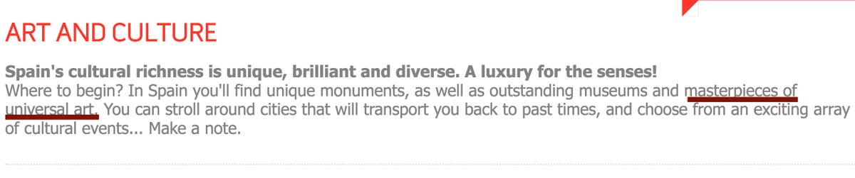 MayfairTrans's tweet image. Spanish translated into poor English. This mistake was found on the Spanish Tourism Board's website.

"In Spain you'll find unique monuments, as well as outstanding museums and masterpieces of universal art."

What is UNIVERSAL ART?