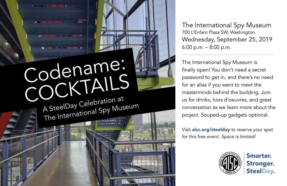aisc's tweet photo. The @IntlSpyMuseum  is finally open, and its steel frame is anything but undercover. AISC invites you to a #SteelDay cocktail party to learn all about the construction and design of the building. Please use this form to RSVP: https://t.co/r9W9KV4LHt #WeAreSteel https://t.co/UwPxVwGEDc