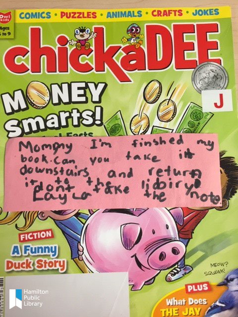 HamiltonLibrary's tweet photo. #HPLSaltfleet found this adorable note in their book return earlier this week. We hope "Mommy" didn't get in trouble for not following the instructions! #HamOnt #librariestransform https://t.co/vjHXXu2Hqq https://t.co/nIkrHOMVRz