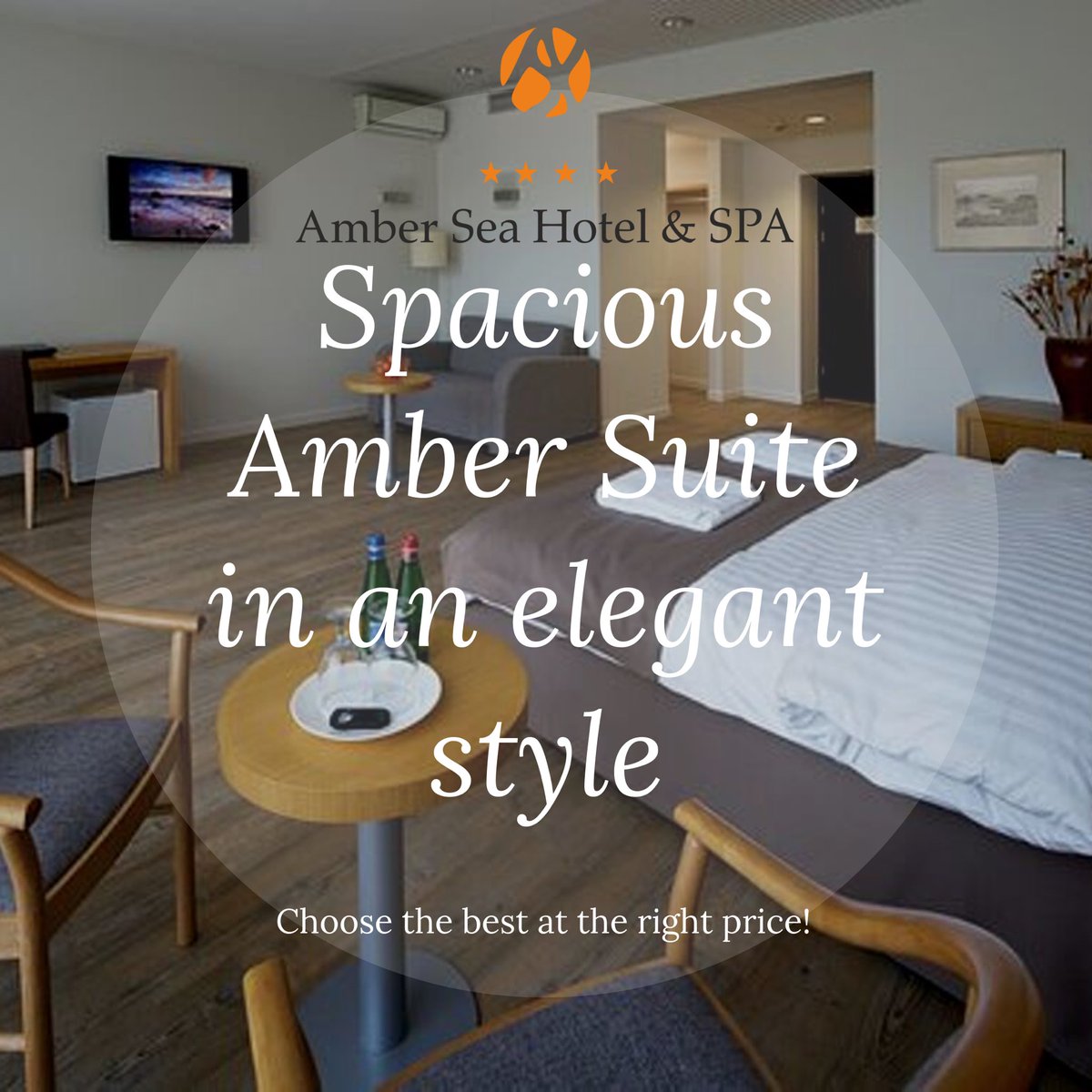 Choose the best at the right price! 😉 👇
Spacious Amber Suite in an elegant style with eco floors, a spacious terrace, a seating area with armchairs and a coffee table for 4 people from €109 EUR per night!