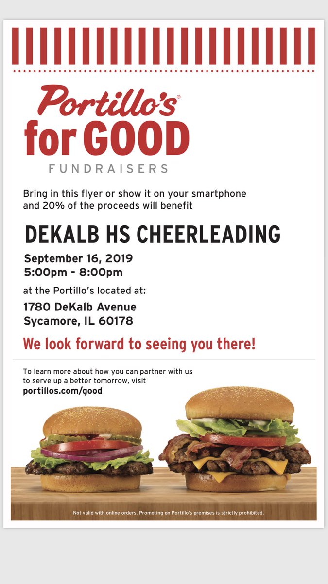 DeKalb_Cheer's tweet photo. Eat at Portillo’s TOMORROW to support the Varsity, JV, and Sparkle cheerleading teams! Bring this flyer and we’ll receive 20% of the proceeds! #DVC #DJVC https://t.co/yIJOr0dOyg