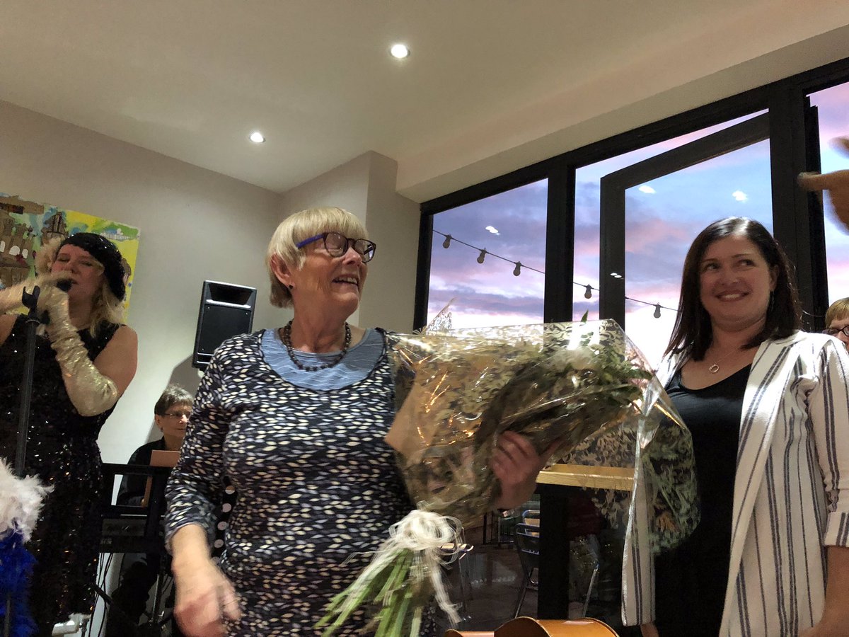 SaltsWalks's tweet photo. #FullHouse at the Higher Ground for the Lucienne de Ville #Saltaire #SaltFest19 event. A special mention for Carole Moss, vertically challenged by her instrument, didn’t fret, just stood on a box. A surprise bouquet for #SaltFest stalwart, Ros Garside. #OnAPedestal https://t.co/ST7vlFzozK