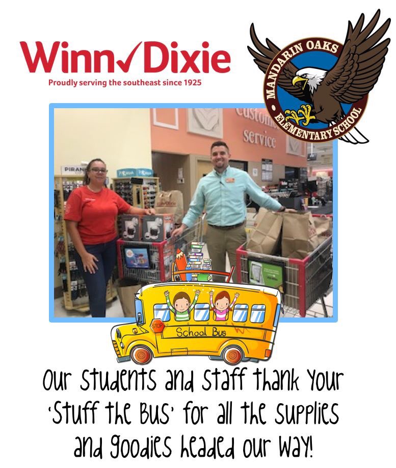 Mandarin Oaks Elem. (@mandarinoaks) on Twitter photo We are happy to announce that <a href="/WinnDixie/">Winn-Dixie</a> on Old St. Augustine Road has selected us as their school partner during the 2019-2020 school year. They've 'stuffed a bus' full of supplies and teacher goodies that will be delivered on the 27th! Thank you! We are happy to announce that <a href="/WinnDixie/">Winn-Dixie</a> on Old St. Augustine Road has selected us as their school partner during the 2019-2020 school year. They've 'stuffed a bus' full of supplies and teacher goodies that will be delivered on the 27th! Thank you!