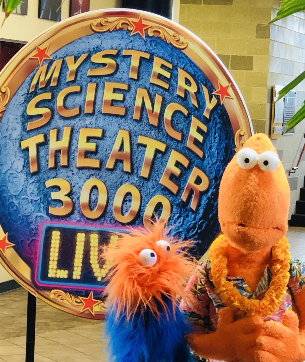 BossCodey's tweet photo. Boss &amp; Codey saw a show and were stopped in the lobby to talk about it! (Spoilers: they LOVED it!) @MST3K @JoelGHodgson @ohaimattmcg 
#mst3k #mst3klive #joel #cambot #gypsy #tomservo #crow #thebots #satelliteoflove #movies #riffs #circus #tour https://t.co/0UA5UuzPlV