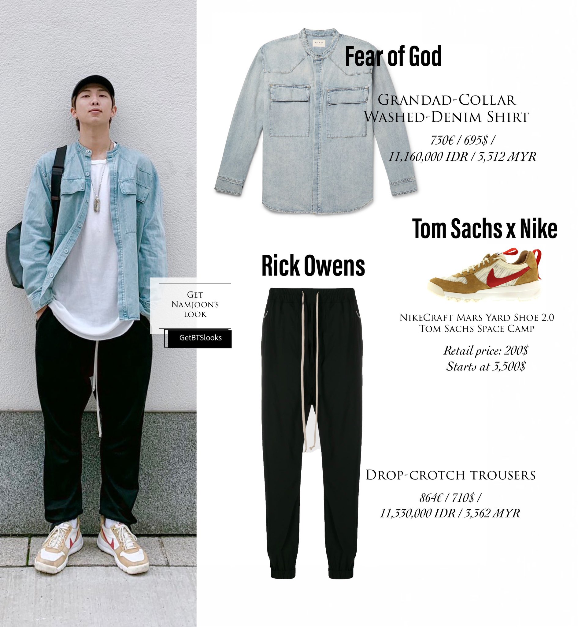 GetBTSlooks on Twitter: "REQUESTED - Namjoon - post 04092019 - Wearing of God denim shirt with Rick Owens and Tom Sachs x Nike collaboration #NAMJOON #BTS https://t.co/P97eZXuO81" / Twitter