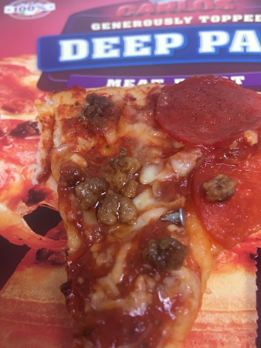 jonespippa's tweet photo. My son was just about to eat this slice of pizza, when we found an extra topping...a nail! I hope there wasn’t any in the slices the kids have already eaten! @AldiUK https://t.co/Gtmdc2CK3I
