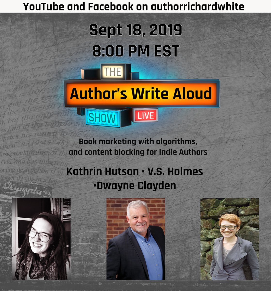 RWhiteAuthor's tweet photo. Coming Wed. Authors Write Aloud returns. With @ExquisitelyDark,@VS_Holmes and @DwayneClayden to talk about book marketing with algorithms, and content blocking for Indie Authors. Join us live on Facebook or YouTube at 8 PM EST Sept 18th
#authorsInterviews #WritingCommunity https://t.co/hxNhTbA2QJ
