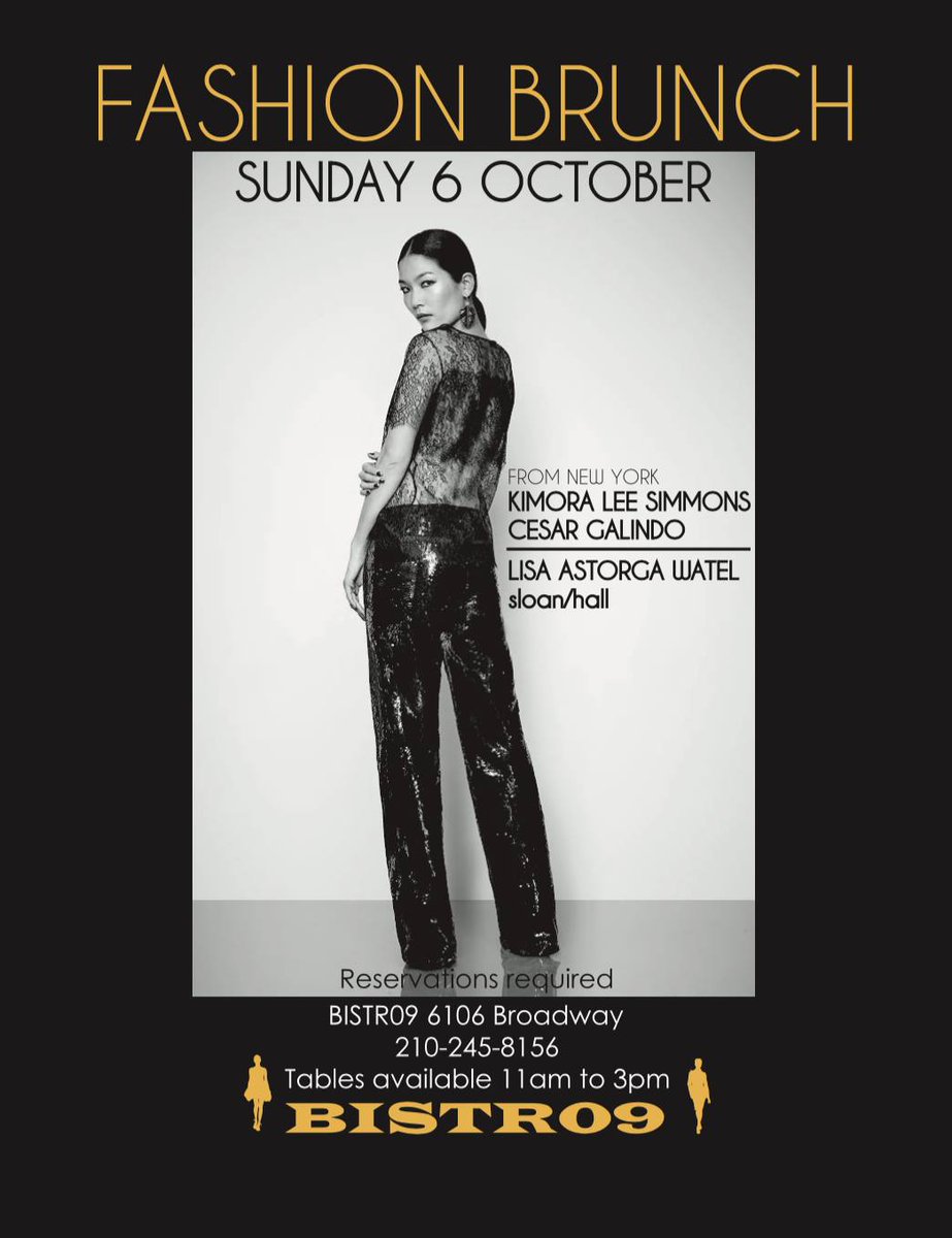 bistr09's tweet photo. Join us for an exciting Fashion Brunch hosted by our very own Chef Lisa Astorga Watel &amp; @sloanhall, featuring designs from Kimora Lee Simmons &amp; Cesar Galindo.

Get a peak at the Fall/Winter line, while enjoying a delicious brunch. Snag reservations: https://t.co/3CT2HzVcMl #satx https://t.co/Ok3cAtKDcX