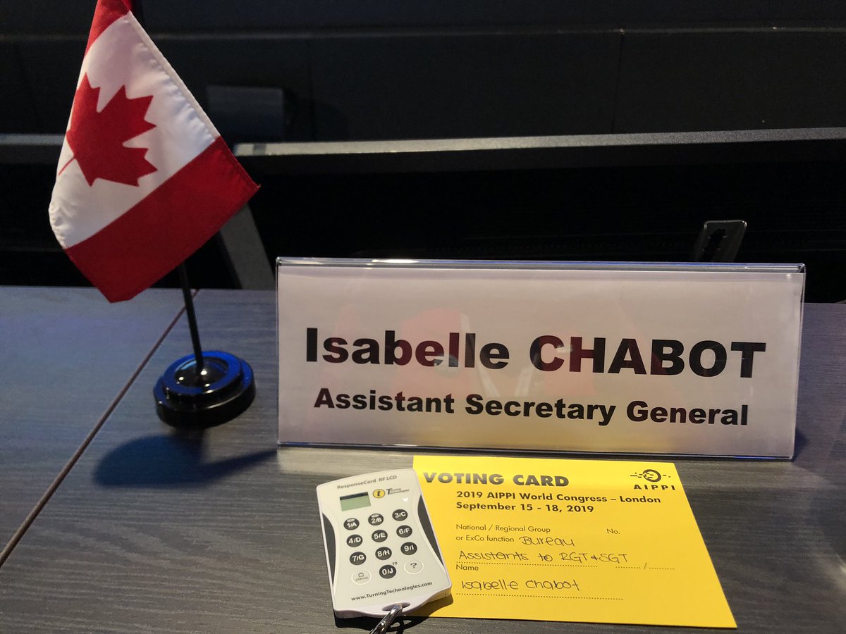 Isabelle_Chabot's tweet photo. Thanks for all the votes ! Proud to be re-elected and to serve all @AIPPI_ORG members #aippi2019 https://t.co/cZs0lbAEk5