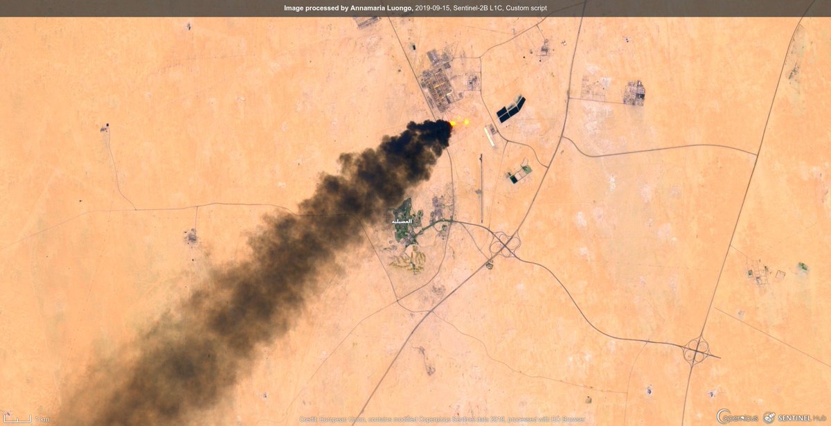 annamaria_84's tweet image. After #DroneAttacks, #Sentinel2 🛰 this morning (15 September) captured detailed images of black smoke clouds rise from #Abqaiq and #Khurais (two major #Aramco oil facilities in eastern #SaudiArabia). #AramcoDroneStrike 
FYI @Obs_IL.