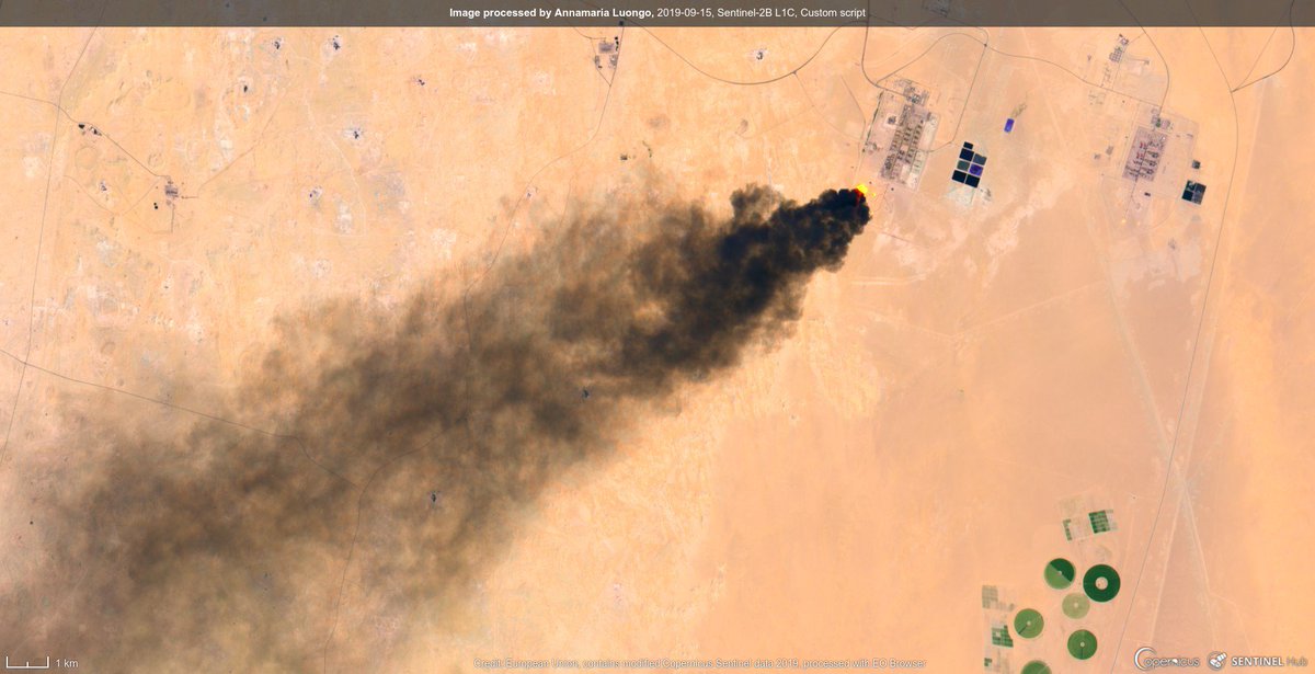 annamaria_84's tweet image. After #DroneAttacks, #Sentinel2 🛰 this morning (15 September) captured detailed images of black smoke clouds rise from #Abqaiq and #Khurais (two major #Aramco oil facilities in eastern #SaudiArabia). #AramcoDroneStrike 
FYI @Obs_IL.