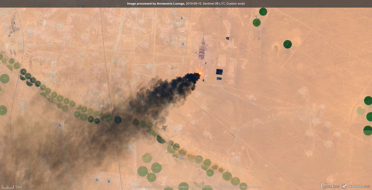 annamaria_84's tweet image. After #DroneAttacks, #Sentinel2 🛰 this morning (15 September) captured detailed images of black smoke clouds rise from #Abqaiq and #Khurais (two major #Aramco oil facilities in eastern #SaudiArabia). #AramcoDroneStrike 
FYI @Obs_IL.