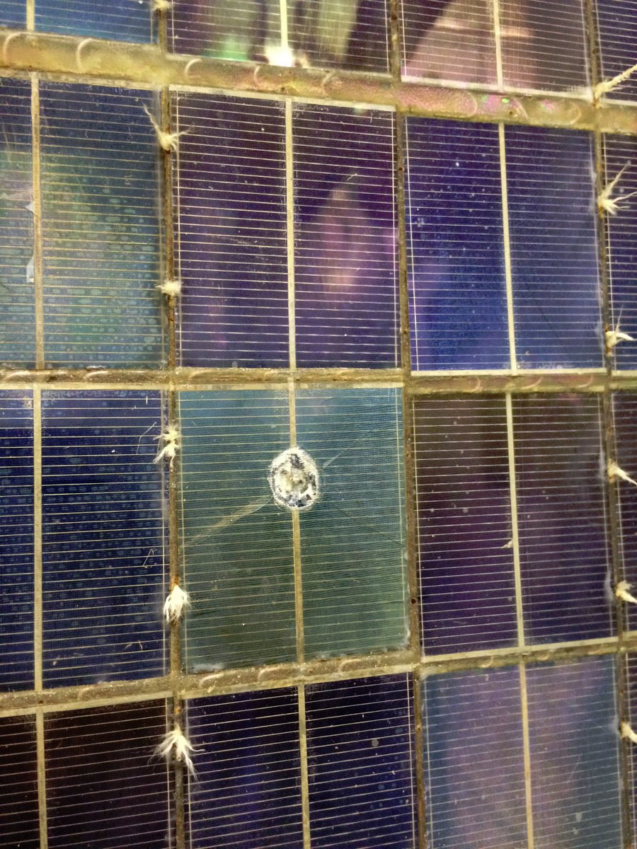 And this is a rare artifact - one of original  #Mir solar panels that was brought back to Earth with one of the last visiting Shuttles before the station was deorbited. You can see the traces of micrometeorite impacts on it.