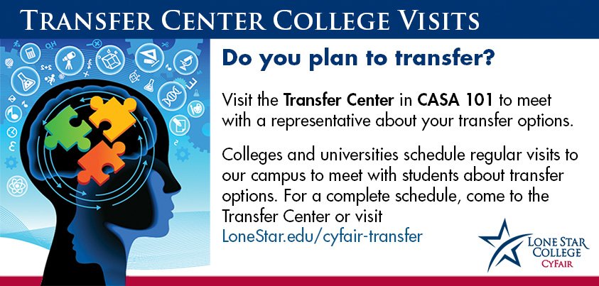 LSCCyFair's tweet photo. Do you plan to transfer? Representatives from several colleges and universities are scheduled in the Transfer Center to meet with LSC-CyFair students throughout the year. For more information, visit: https://t.co/NZOoaGvkIq https://t.co/N5i0YnsSGy