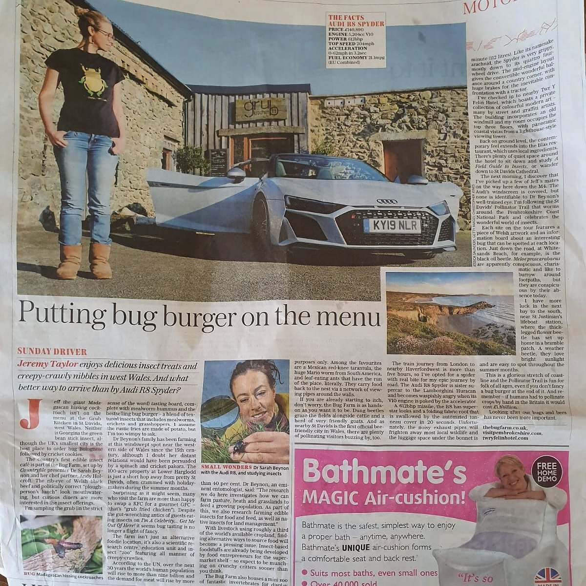 bugfarmfoods's tweet photo. Fab to see our #cricketcookies &amp; #VEXo feature in an article about @thebugfarm &amp; @grub_kitchen in today's @Telegraph #findyourepic #tastethefuture #edibleinsects #entomophagy #thebugfarm #grubkitchen #stdavids #pembrokeshire #wales #audi #audispyder #supercar #SupercarSunday https://t.co/vs2i0WGhML
