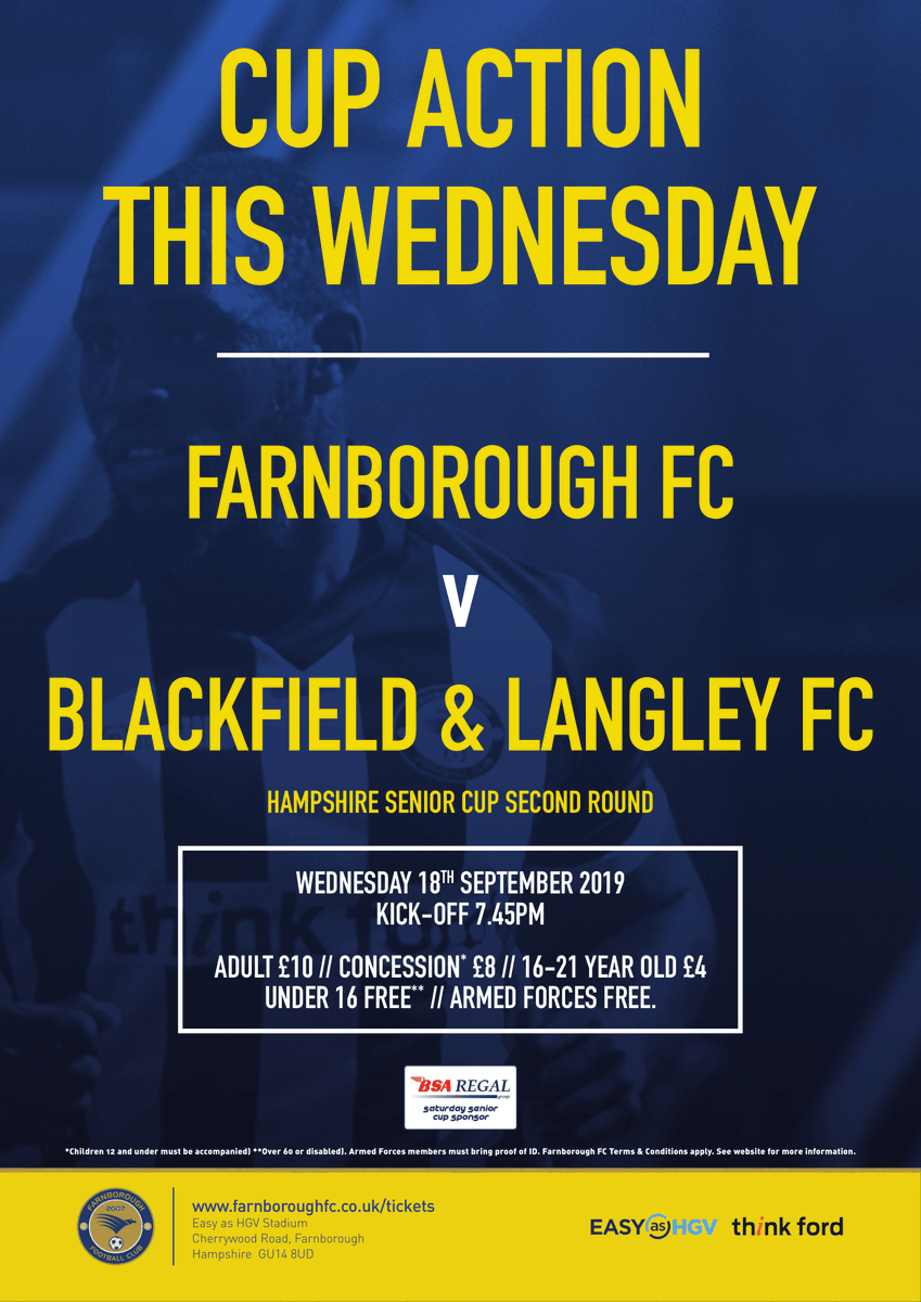 FarnboroughFC's tweet photo. NEXT UP: It's the first of two Cup games at the @EasyAsHGV Stadium next week as #FarnboroughFC play host to @bandlfc on Wednesday evening!
Kick-off in the @HampshireFA Senior Cup Second Round is at 7:45pm - https://t.co/YLJAlKWRqZ #HFACups https://t.co/v0Tvp3sHZo