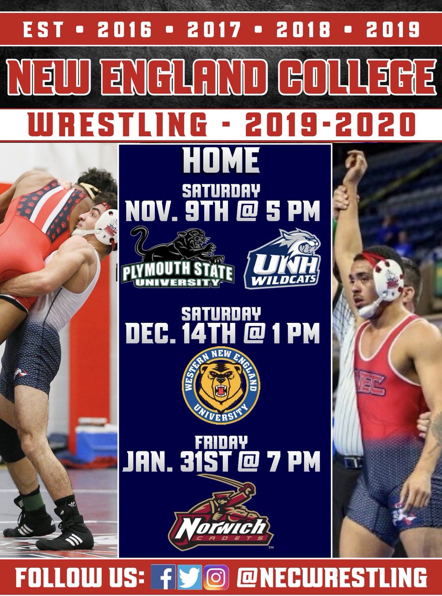 NEC_Wrestling's tweet photo. Home schedule for the 2019-2020 season!!!
☝️
🚢
🤼♂️
#gogrims #oneship #sailforward #necwrestling #newenglandcollege #henniker #nh #livefreeordie #granitestate #adidaswrestling #collegewrestling #ncaawrestling #ncaad3 #d3wrestle https://t.co/DO5NEZ5EGg