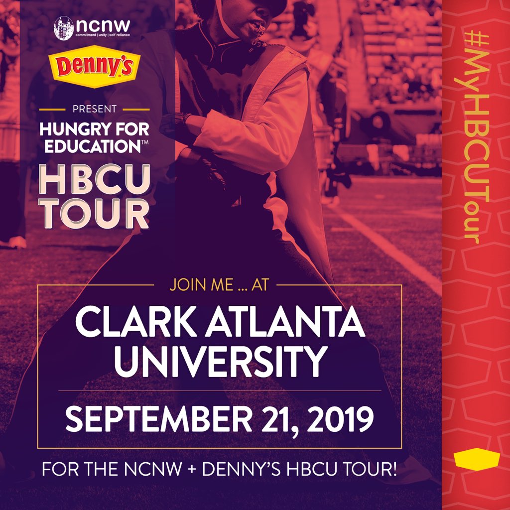 becausewecare's tweet photo. Next stop @CAU! @NCNWHQ #hungryforeducation HBCU tour presented by @DennysDiner  JOIN US! Scholarships , financial workshops, band entertainment and more. #myhbcutour @tomjoynerfound @PushExcel  Free Registration filling up fast!  https://t.co/WG2YybLKVN. https://t.co/c3vqPt4tUi