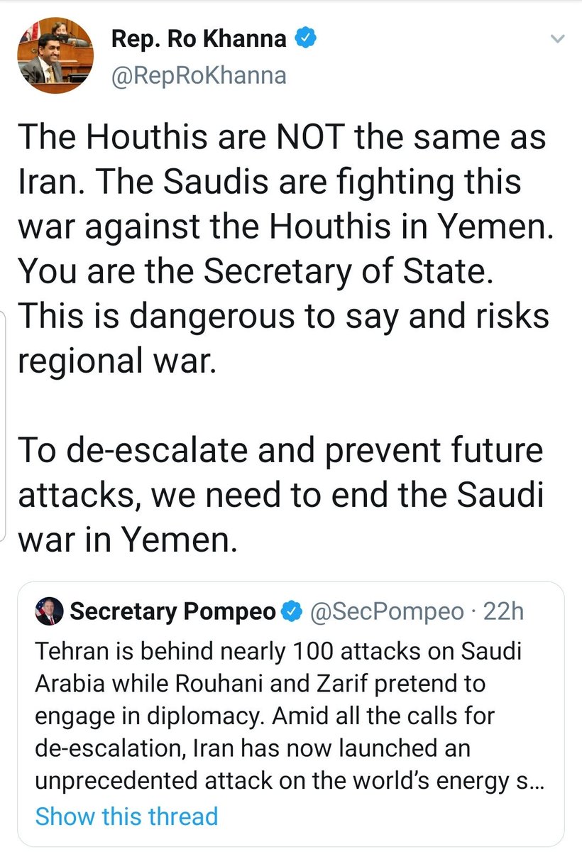  #YemenThe Yemeni Houthis are fighting against the US backed Saudi-Coalition which seeks to take away Yemeni Sovereignty and keep control of all of Yemeni oil. Pompeo is speading propaganda to lead the USA into another illegal war for Israel.