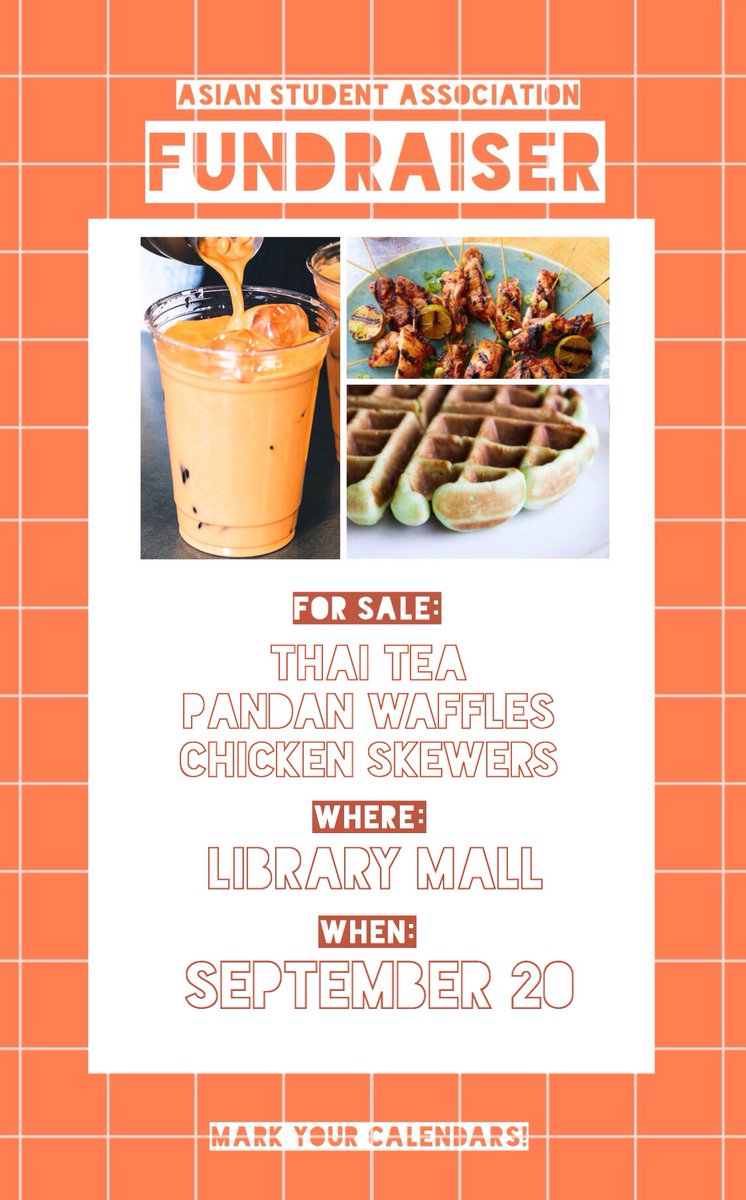utarlingtonasa's tweet photo. grab your hydroflasks &amp; scrunchies, ASA’s first fundraiser of the year will be this coming Friday, September 20 in front of the Central Library from 12-4PM.

We’ll be selling Thai Tea, Pandan Waffles, and Chicken Skewers with sauce of your choice. 
We’ll see y’all there SKSKSKS https://t.co/d7NdcpG4ev