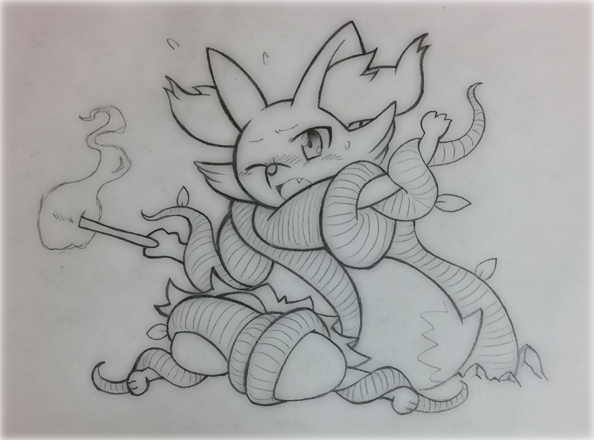 塩ビ 深夜テンションのらくがき 絵を描こうとしたら急に 昔ポッ拳にハマっていた頃 テールナーにボコられた事を思い出し 手が動き出しました テールナーがハードプラントをくらっている絵です ポケモンがワザを受けている絵です バトルの風景です