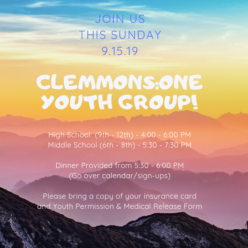 ClemmonsOne's tweet photo. Join us tonight for Clemmons:One youth group! https://t.co/tCE4inrpR4