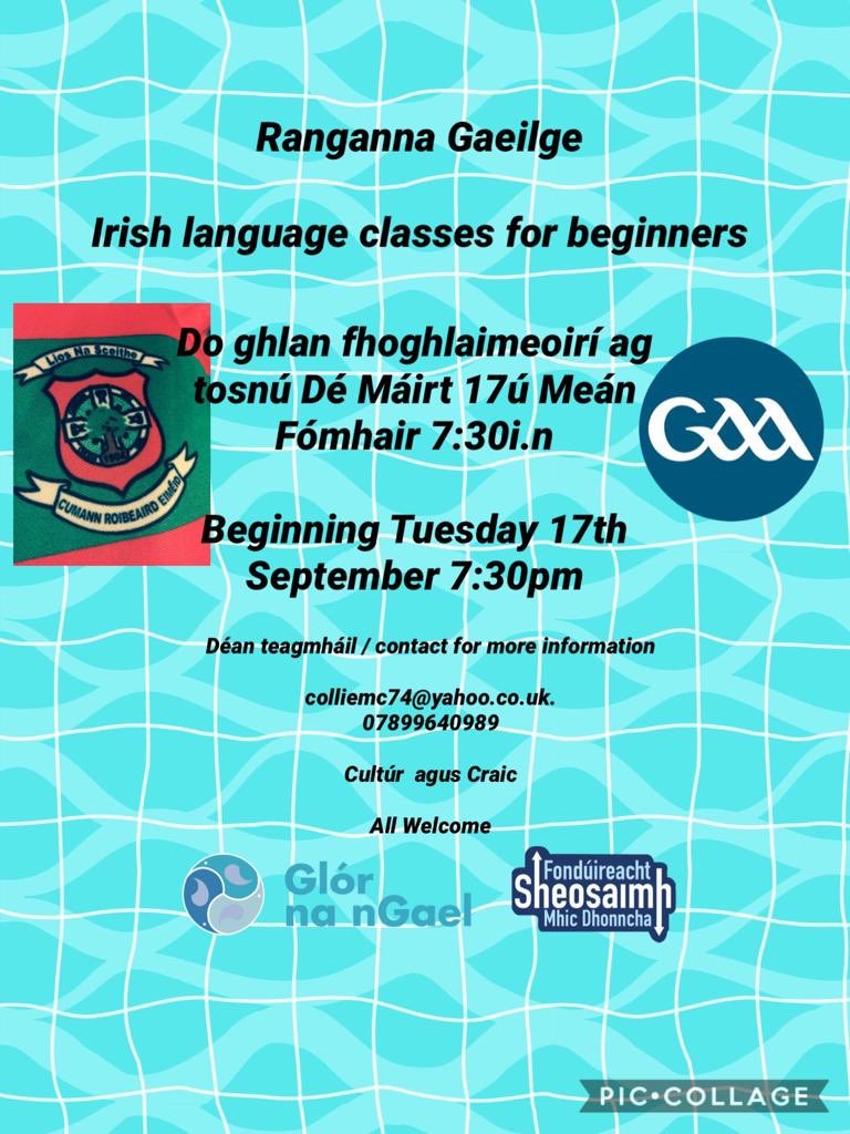 LisnaskeaEmmets's tweet image. 📖Irish Language Classes📖

Irish Language Classes for Beginners will commence on Tuesday evening at 7:30pm in Emmett Park. 

Please contact Collie McCaffrey (Jnr) for further information.
