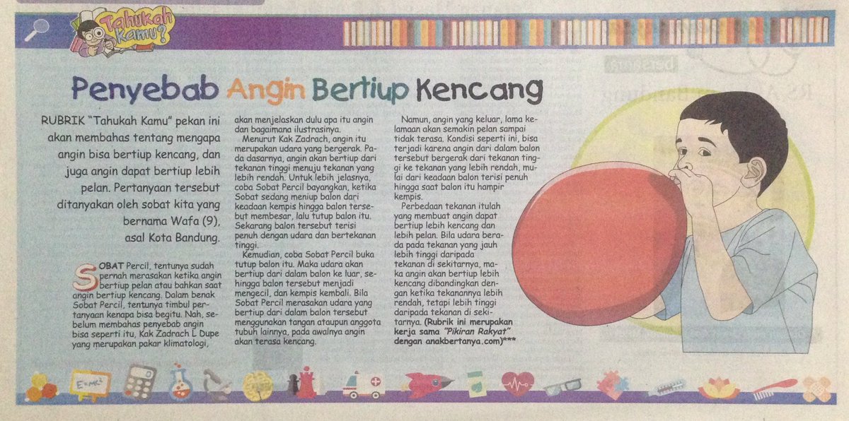 AnakBertanya's tweet photo. Ada anak #bertanya: Mengapa angin bisa bertiup kencang, bisa juga pelan?
Ini jawaban dari Pakar Klimatologi, Pak Zadrach L Dupe, yang dimuat di #PRKecil #120 https://t.co/7TN4W1l4OI