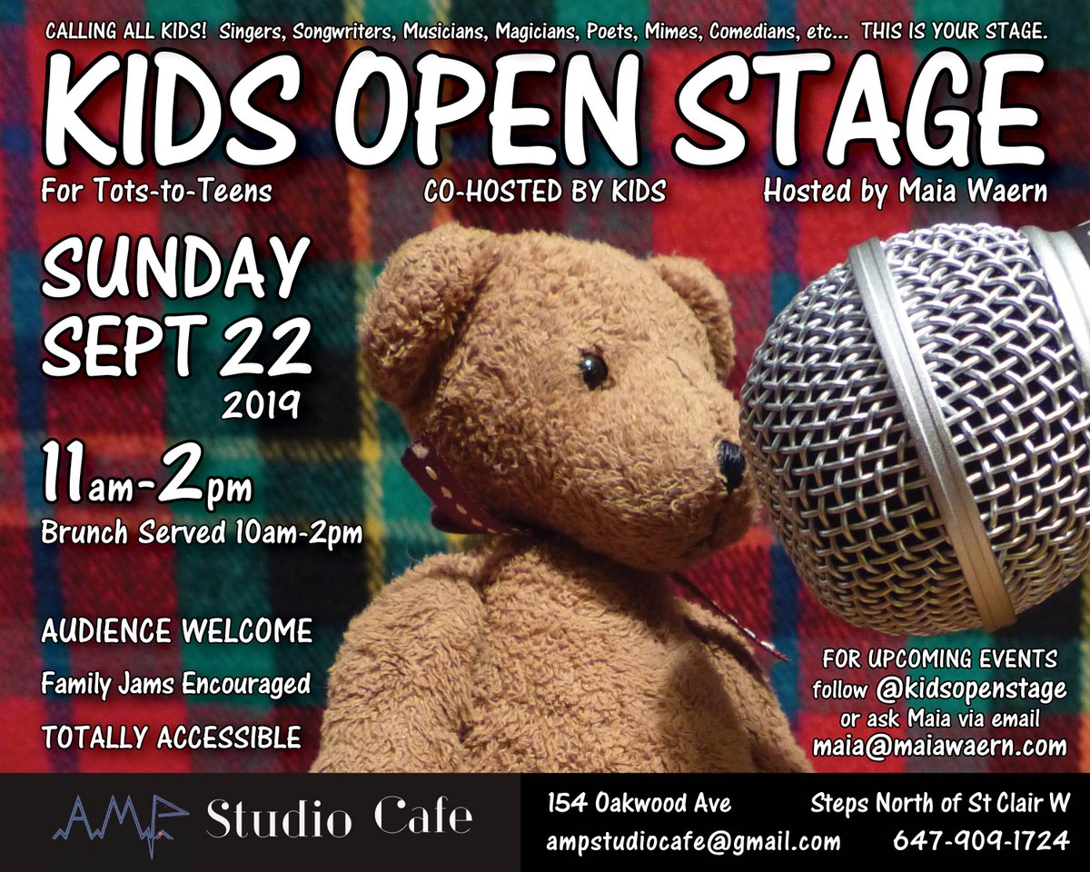 KidsOpenStage's tweet photo. Ok #Toronto, get your goosebumps ready
And parents, charge up your cameras 
Kids Open Stage returns next weekend!
Sun Sept 22, 11am-2pm
#AmpStudioCafe 
154 Oakwood Ave
Steps north of #StClairWest
Fully #accessible 
Audience welcome
Hosted by @MaiaWaern 
Co-hosted by kids! https://t.co/j0UKEfihI2