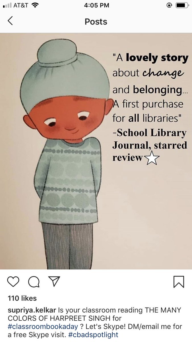 Really excited for my Kinders to Skype with author #SupriyaKelkar on Tuesday!  She’s going to read her book, “The Many Colors of Harpreet Singh” and have a chat with them.  #cbadspotlight