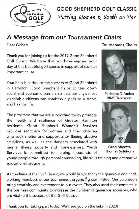 Good Shepherd Golf Classic brings in donations over $105,000 to Hamilton woman services &amp; youth services.

The co-chairs Nick &amp; Greg would like to thank the generous &amp; hardworking tournament committee.

Also like to thank our core generous sponsors who are vital to this success